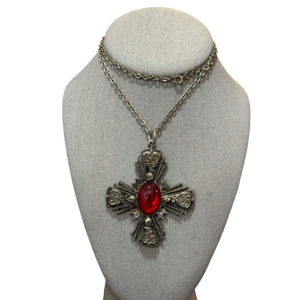 Ornate Cross Pendant Red Acrylic Cabochon Silver Tone Heraldic Crest Design VTG
